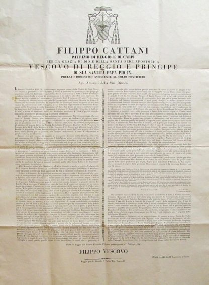 Bando di Indulgenza Plenaria. Filippo Cattani, patrizio di Reggio e di carpi per la grazia di Dio e della Santa Sede Apostolica Vescovo di Reggio e Principe di Sua Santità Papa Pio IX.