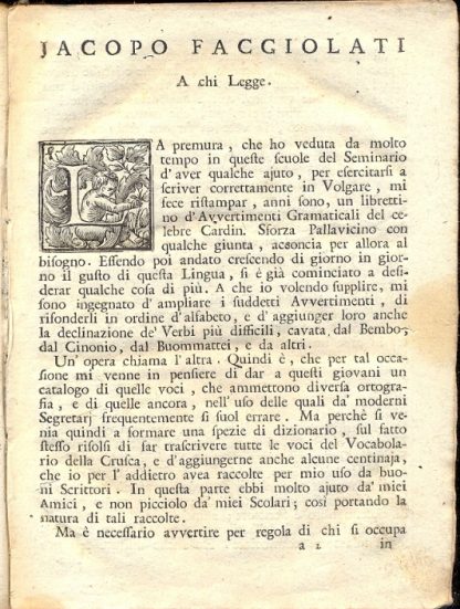 Ortografia moderna italiana per uso del seminario di Padova. Nuovamente accresciuta di voci e ricorretta con: I Avvertimenti Grammaticali. II Avvertimanti per le lettere Familiari. III Vocabolario domestico. IV Alcune Lettere di Francesco Redi in proposito di lingua.