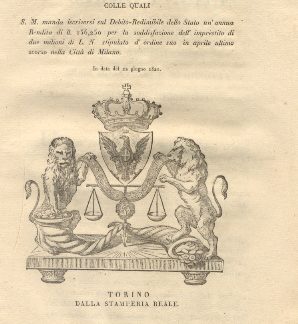 Regie Patenti colle quali S.M. manda iscriversi sul Debito Redimibile dello Stato un'annua Rendita di ll. 156,250 per la soddisfazione dell'imprestito di due milioni L. N. stipulato d'ordine suo in aprile ultimo scorso nella città di Milano. 22 giugno 1821.