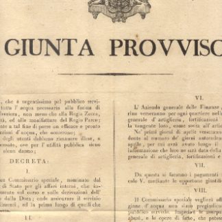 Manifesto col quale la Giunta Provvisoria nel considerare che è urgentissimo per pubblico servizio di assicurare tutta l'acqua necessaria alla fucina di Valdocco, alla polveriera, non meno che alla Regia Zecca, à molini della città ... decreta: Sarà stabilito un Commissario speciale che invigilerà particolarmente sul corso e sulle derivazioni dell'acqua proveniente dalla Dora; onde assicurare il servizio de' pubblici stabilimente, ed in primo luogo di quelli che riguardano la guerra... 24 marzo 1821.