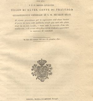 Patenti colle quali S. E. Thaon di Revel Luogotenente Generale di S. M. ne' Regii Stati dà alcune provvidenze per la repressione dell'abuso invalso di porre in corso sulle pubbliche strade più carri alla sfilata tirati da un sol cavallo o mulo sotto la custodia d'un solo conducente e dà alcune altre disposizioni... 21 settembre 1821.