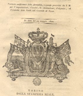 Manifesto camerale portante notificanza delle formalità e cautele prescritte da S. M. per l'importazione, l'uscita, la circolazione, il deposito, ed il transito delle biade nel Contado di Nizza... 29 maggio 1822.