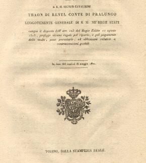 Patenti colle quali S. E. Thaon Di Revel Luogotenente Generale ne' Regii Stati cangia il disposto dall'art 103 del Regio Editto 12 agosto 1818, prefigge alcune regole pel riparto e pel pagamento delle multe, pene pecuniarie ed oblazioni relative a ... 26 maggio 1821.