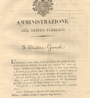 Il Direttore Generale dell'Amministrazione del debito pubblico notifica il seguente regolamento per l'estrazione a sorte delle Rendite Redimibili ... 14 settembre 1822.