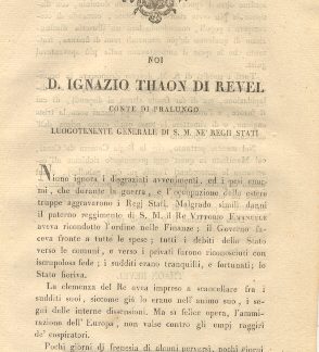 Manifesto di D. Ignazio Thaon di Revel col quale richiama all'osservanza le antecedenti Tariffe sui Dazj gabellari e sul prezzo de' generi di privativa e ne ordina l'esatto adempimento in tutte le provincie di terraferma ... 6 maggio 1821