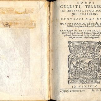 Mondi Celesti, Terrestri, et Infernali, de gli Accademici Pellegrini. Mondo piccolo, grande, misto, visibile, imaginato , de pazzi et massimo. Inferno de gli Scolari, de Mal maritati, delle puttane e ruffiani, soldati e capitani poltroni, dottor cattivi, legisti, artisti, de gli usurai, de poeti e compositori ignoranti.