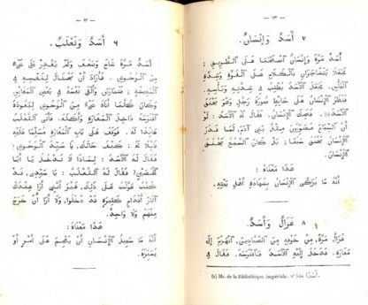 Fables de Lokman. Texte arabe revu sur les meilleures editions collationne avec le manuscrit de la Bibliotheque Nationale. Et suivi d'un dictionnaire par ordre alphabetique de tous les mots qui se trouvent dans ces fables. Expliquées d'après une méthode nouvelle par deux traductions françaises l'une littérale et jutalinéaire,présentant le mot a mot français en regard des mots arabes correspondants.