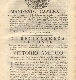 Manifesto Camerale col quale si rendono note le Regie Patenti delli 2 agosto 1774, colle quali S. M. accorda a Giuliano Bellico per anni dodici, da principare col primo di gennaio 1775., oltre alle altre grazie ivi espresse, la privativa delle opere, e lavori di cartone vernicato, consistenti in tabacchiere, stucchi, tavolette, cabaretti, tasse, calamai, e altre cose simili; con proibizione a chicchesia altro di stabilire ne' Regi Stati, pendente esso termine, veruna manofattura di consimili lavori, e d'introdurre, o far introdurre ne' madesimi i cabaretti, e tabacchiere di cartone vernicato procedenti da paese, foto le pene ivi espresse.