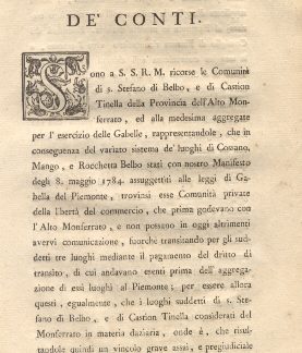 La Regia Camera de' Conti ricorso delle comunità di S. Stefano di Belbo e di Castion Tinella della provincia dell'Alto Monferrato le quali chiedono di essere assoggettate alle stesse gabelle del Piemonte.