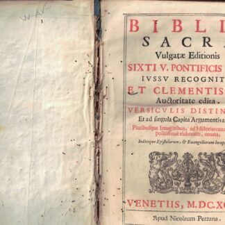 Biblia Sacra. Vulgatae editonis Sixti V et Clementis VIII Pontif.  Auctoritate Edita. Versiculis distincta, et ad singula Capita Argumentisaucta, pluribusque imaginibus, ad historiarum notitiam politissime elaboratis, ornata. Indiceque epistolarum, e evangelirum locupletata.