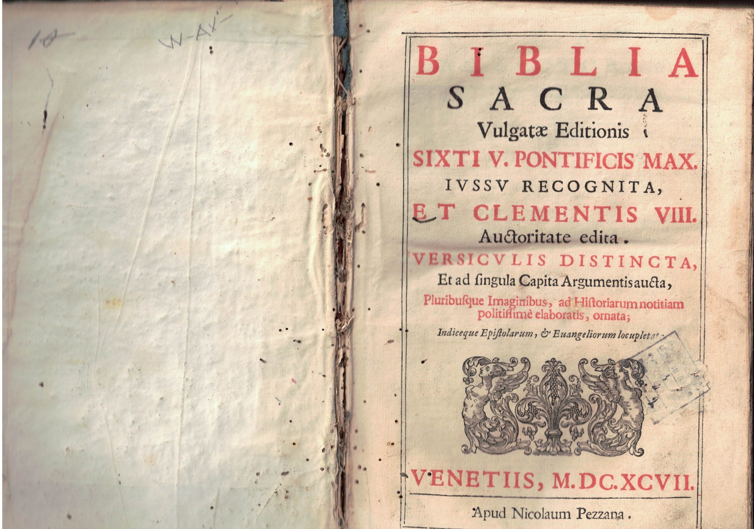 Biblia Sacra. Vulgatae editonis Sixti V et Clementis VIII Pontif. Auctoritate Edita. Versiculis distincta, et ad singula Capita Argumentisaucta, pluribusque imaginibus, ad historiarum notitiam politissime elaboratis, ornata. Indiceque epistolarum, e evangelirum locupletata.