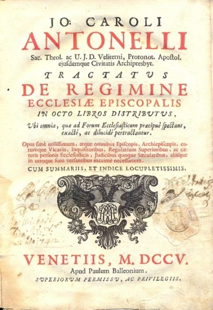 Tractatus de Regimine Ecclesiae Episcopalis , in octo libros distributus. Ubi omnia, quae ad Forum Ecclesiasticum praecipue spectant, exacte , ac dilucidè pertractantur.