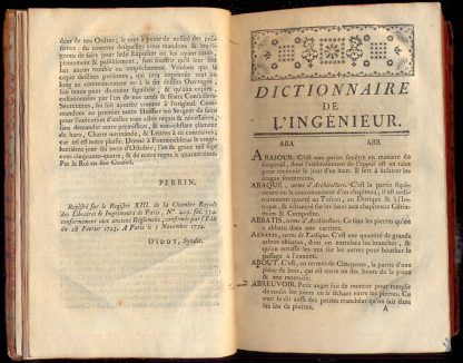 Dictionnaire portatif de l'ingenieur, où l'on explique les principaux termes des sciences les plus necessaires à un ingenieur, scavoir: arithmetique, architecture militaire, algebre, geometrie, architecture civile, charpenterie, serrurerie, architecture hydraulique, fortification, attaque et la defense des places, mines, artillerie, marine, pyrotechnie.