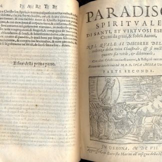 Paradiso spirituale di Santi et Virtuosi Esempi, cavati da gravi e fedeli autori, diviso in quattro parti, nella prima si discorre della perfettione dello stato virginale e quanto importa l'obligo dell'osservanza del voto. Nella senconda si dimostra quanto importa l'eccellenza della vita claustrale. Nella terza si tratta ampliamente l'incomparabile utile, che si cava dalle Sante Virtù e il modo d'acquistarle.