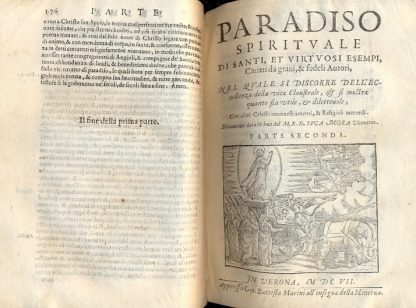 Paradiso spirituale di Santi et Virtuosi Esempi, cavati da gravi e fedeli autori, diviso in quattro parti, nella prima si discorre della perfettione dello stato virginale e quanto importa l'obligo dell'osservanza del voto. Nella senconda si dimostra quanto importa l'eccellenza della vita claustrale. Nella terza si tratta ampliamente l'incomparabile utile, che si cava dalle Sante Virtù e il modo d'acquistarle.