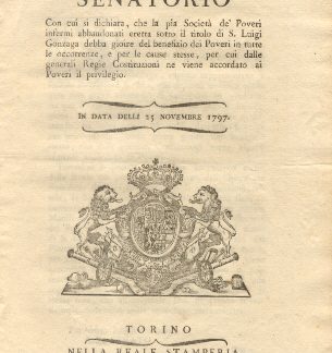 Manifesto Senatorio con cui viene accordata alla Società de' Poveri Infermi il benefizio dei Poveri in tutte le occorenze.