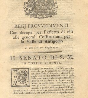 Regj provvedimenti con deroga per l'effetto di essi alle generali Costituzioni per la Valle di Antigorio.