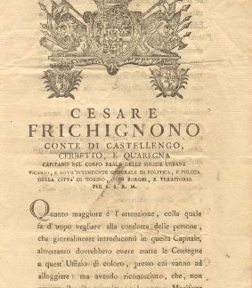 Disposizioni di Cesare Frichignono circa la consegna all'Uffizio di qualunque persona alloggiata in questa città.