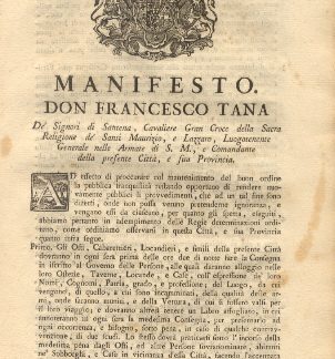 Manifesto di Don Francesco Tana circa la pubblica tranquillità.