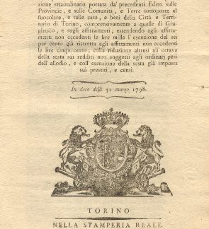 Regio Editto la riduzione di un quarto del canone di affittamento sulle Provincie, sulle Comuntà e Terre e beni della Città e Territorio di Torino, comprensivamente a quelle di Grugliasco.