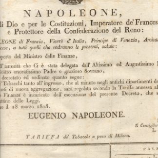 Editto napoleonico che decreta la tariffa de' tabacchi a peso di Milano.