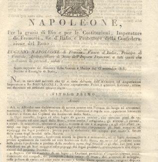 Editto napoleonico che stabilisce gli arresti, la procedura, lo scarico, manutenzione e vendita delle Prede, la liquidazione e la ripartizione in caso di guerra da parte del Ministro della Guerra e Marina.