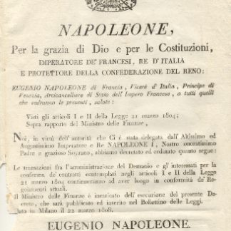 Editto napoleonico che stabilisce chi il Ministro delle Finanze faccia da transazione fra l'amministrazione del Demanio e gl'interessati.