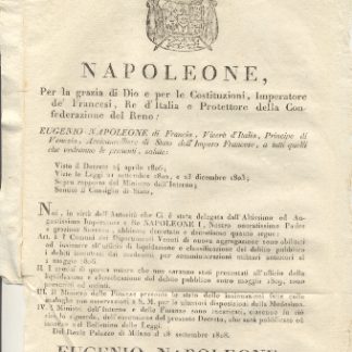 Editto napoleonico che decreta chi i Comuni dei Dipartimenti Veneti di nuova aggregazione siano abilitati ad insinuare i debiti incontrati.