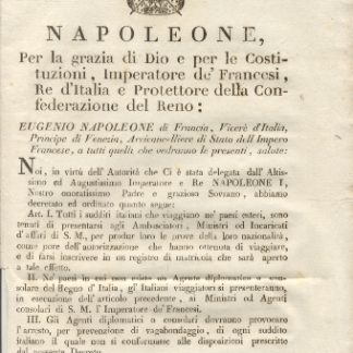 Editto napoleonico che stabiliscele l'obbligo per i cittadini italiani all'estero di presentarsi presso gli Ambasciatori.