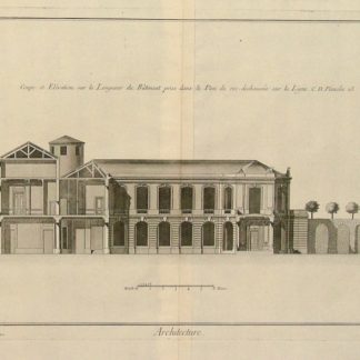 Architecture , coupe et elevation sur la Longueur duBatiment prise dans le plan du rez-dechaussee sur la Ligne C.D. planche 25.