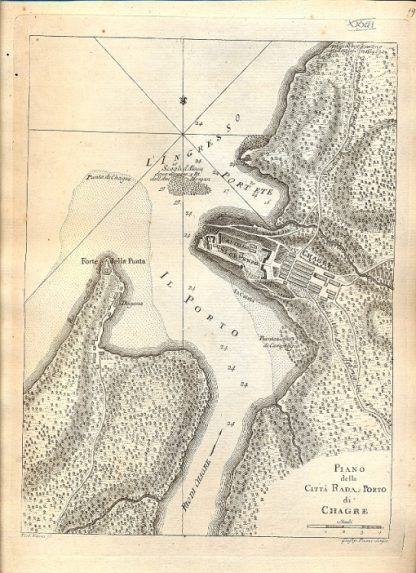 Atlante dell'America contenente le migliori carte geografiche: Piano della città Rada e porto di Chagre.