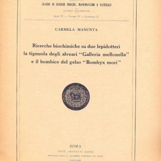 Ricerche biochimiche su due lepidotteri la tignuola degli alveari "Galleria Monella" e il bombice del gelso "Bombyx mori" (Memorie della R. Accademia Nazionale dei Lincei - classe di scienze, fisiche, matematiche e naturali - serie VI - vol. VI - fasc. II).