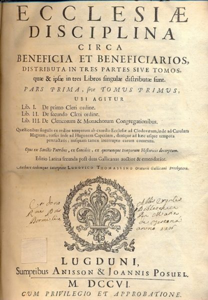 Vetus et nova Ecclesiae Disciplina circa Beneficia et Beneficiarios, distribuita intres partes sive tomos, quae & ipsae in tres Libros singulae distributae sunt.