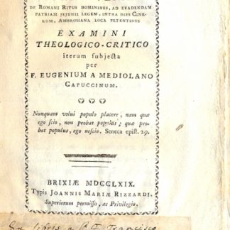 Controversia de Romani Ritus hominibus, ad evadendam Patrium Jejunii legem, intra dies Cinerum, Ambrosiana loca petentibus examini Theologico - Critico.