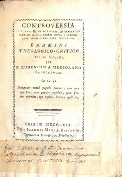 Controversia de Romani Ritus hominibus, ad evadendam Patrium Jejunii legem, intra dies Cinerum, Ambrosiana loca petentibus examini Theologico - Critico.