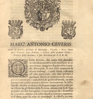 Provvedimenti del Conte Marc' Antonio Ceveris riguardo le disposizioni da osservare in materia di vendita di vari prodotti alimentari.