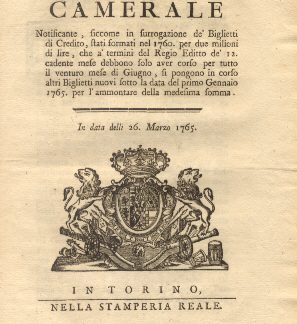 Manifesto Camerale riguardo la notifica circa l'emissione in corso di nuovi biglietti di credito...26 marzo 1765.