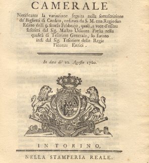 Manifesto Camerale riguardo la notifica della variazione seguita nella sottoscrizione dei biglietti di credito....22 agosto 1760.