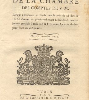 Manifeste de la Chambre des Comptes de S. M. circa la notifica della riduzione provvisoria del prezzo del sale...11 dicembre 1798.