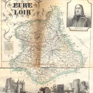 Geographie D'Eure-et-Loira, comprenant la topographie physique et le commerce, l'histoire, la biographie, l'archéologie, la bibliographie , et un dictionaire descriptif de toutes les comunes et localitès remarquables du département, accompagnée d'une carte spéciale revue avec soin les documents officiels les plus récents.