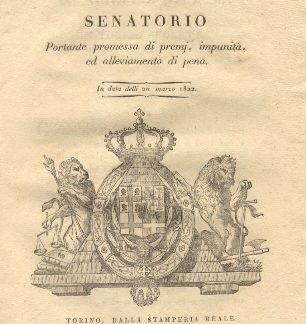 Manifesto Senatorio portante promessa di premj, impunità, ed alleviamento di pena... 20 marzo 1822.