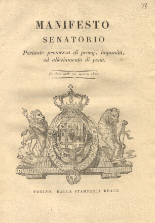 Manifesto Senatorio portante promessa di premj, impunità, ed alleviamento di pena... 20 marzo 1822.