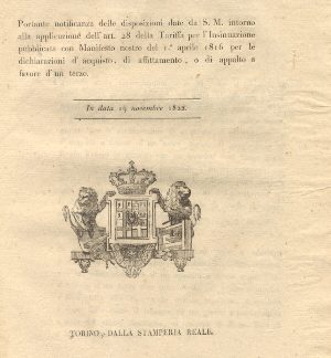 Manifesto Camerale portante notificanza delle disposizioni date da S.M. intorno alla Tariffa per l'Insinuazione per le dichiarazioni d'acquisto, affittamento, o di appalto a favore di terzo...19 novembre 1822.