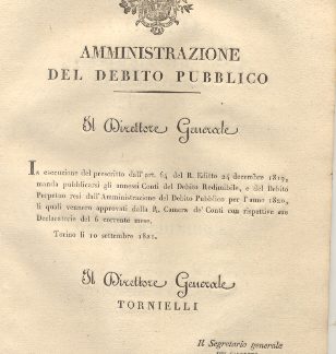 Circolare con la quale il Direttore Generale dell'Amministrazione del Debito Pubblico manda pubblicarsi i Conti del Debito Redimibile, e del Debito Perpetuo resi dall'Amministrazione del Debito Pubblico per l'anno 1820. 10 settembre 1821.