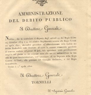 Circolare del Direttore Generale dell'amministrazione del debito pubblico con la quale si rende nota la data, l'ora e il luogo in cui si procederà all'abbruciamento delle Cedole del Debito Redimibile dell'ultimo semestre...1° aprile 1822.