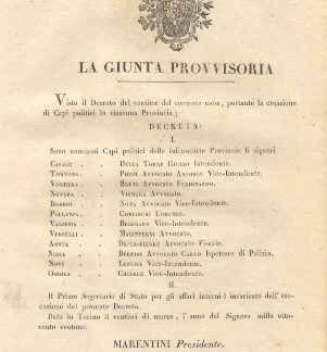 Decreto della Giunta Provvisoria con il quale nomina 12 Capi politici nelle infrascritte Provincie... 26 marzo 1821.