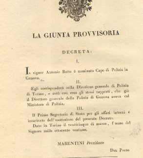 Decreto della Giunta Provvisoria con il quale nomina il signor Antonio Botto Capo di Polizia in Genova ... 25 marzo 1821.