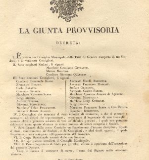 Decreto della Giunta Provvisoria con il quale crea un Consiglio Municipale nella Città di Genova e nomina tre Sindaci e venti Consiglieri... 29 marzo 1821.