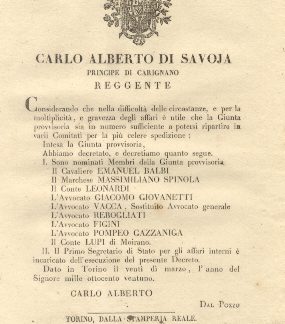 Decreto di Carlo Alberto di Savoia Principe di Carignano Reggente col quale nomina nove Membri della Giunta provvisoria... 20 marzo 1821.