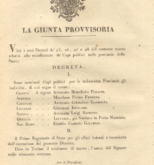 Decreto della Giunta Provvisoria con il quale nomina sette Capi Politici ... 29 marzo 1821.